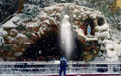 Mystérieuse photo devant une réplique de la grotte de Lourdes